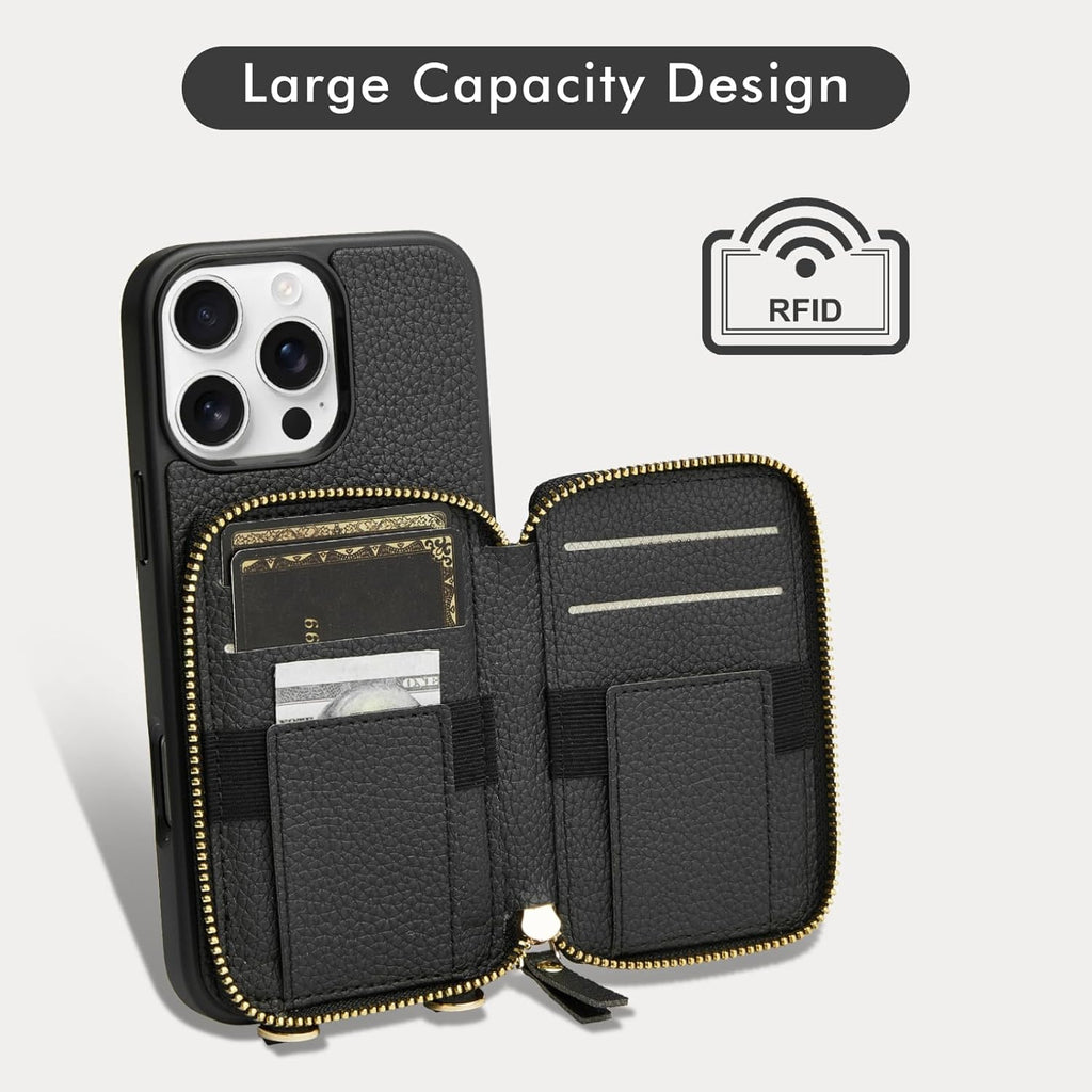 LAMEEKU for iPhone 15 Pro Max Wallet Case with Card Holder, Zipper Leather Crossbody Case with Kickstand Wrist Strap Lanyard for Women, Cover Phone Grip Holder Stand 6.7" -Black
