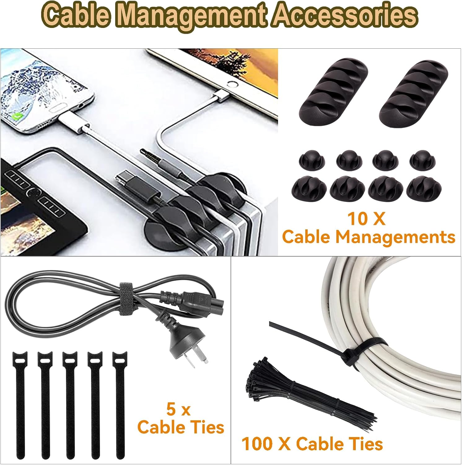 Cable Management Box 3 Pack with 125PCS Cable Management Kit for Power Strip to Hide Wires,Cord Organizer Boxes,Safe ABS Material Wire Organizer of Cable Clips Sleeve