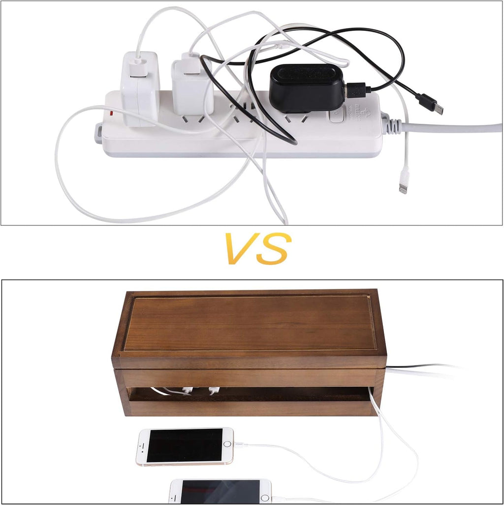 Changsuo Cable Management Box Wooden Cord Organizer Box for Extension Cord Power Stripe Surge Protector Wire Management Concealer Cover Hider for Desktop Home Office Kitchen (Brown)