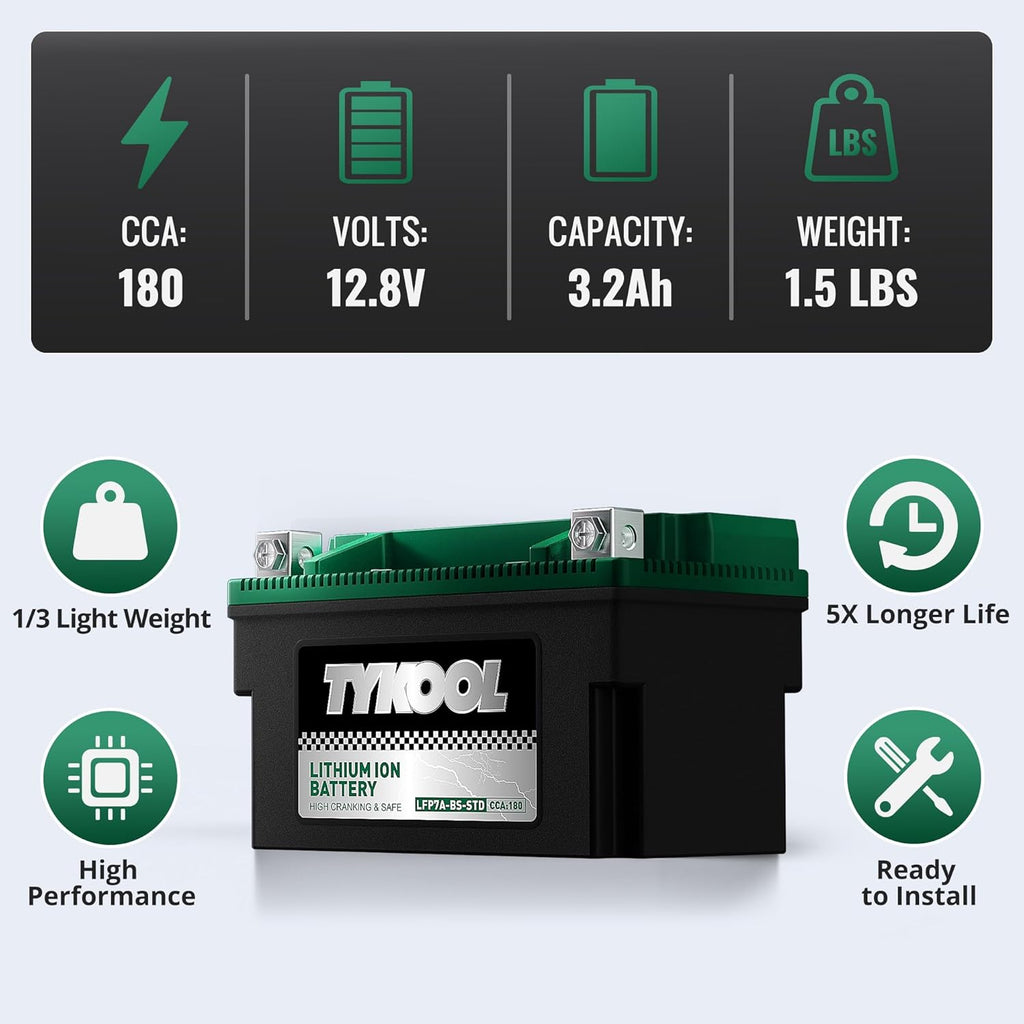 YTX7A-BS,180 CCA, Lithium LiFePO4 Motorcycle Battery,2X Cranking Amps,5X Longer Life, Compatible for Motorcycle,Scooter,Moped, ATV,4 Wheeler, Lawn Mower, and Generator Battery