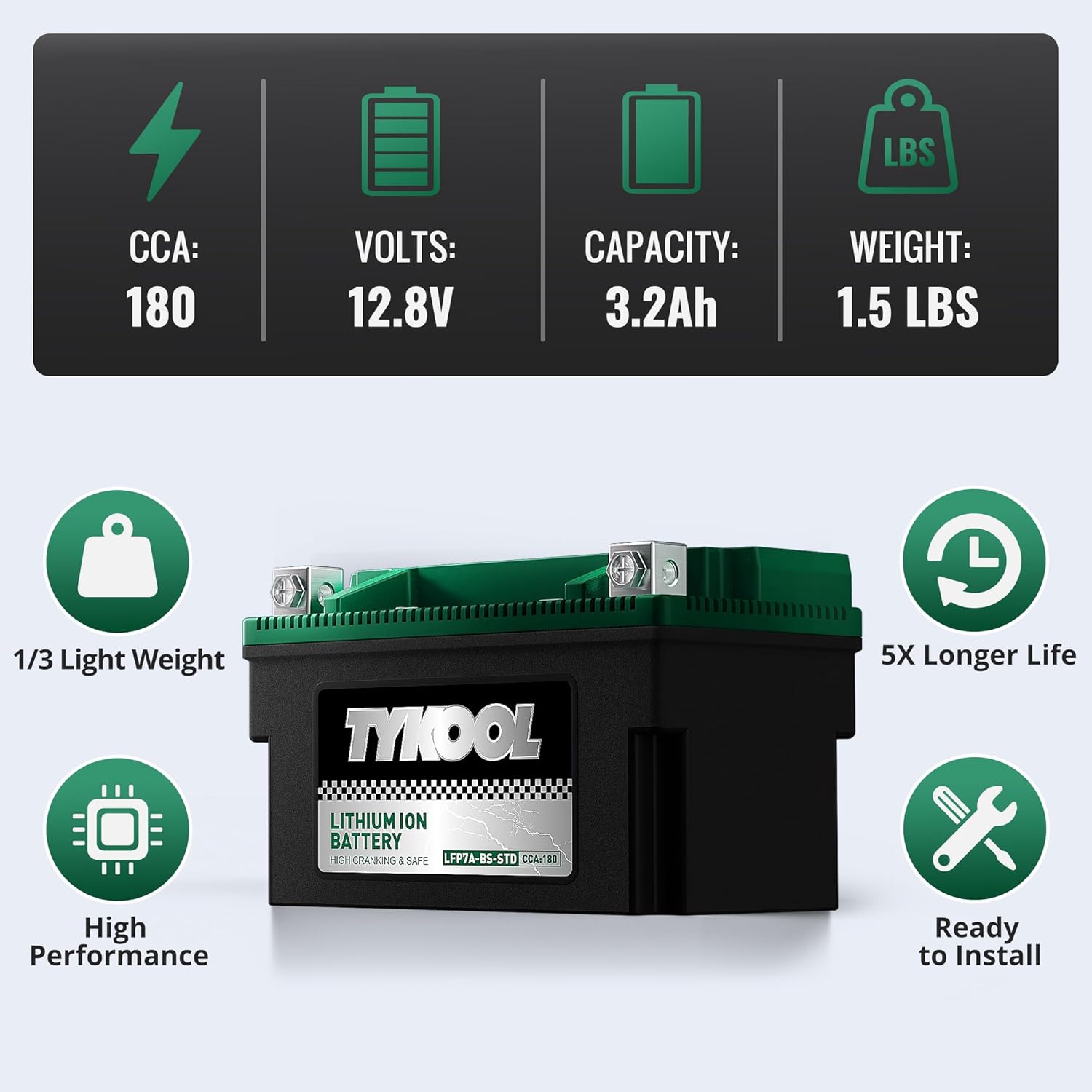 YTX7A-BS,180 CCA, Lithium LiFePO4 Motorcycle Battery,2X Cranking Amps,5X Longer Life, Compatible for Motorcycle,Scooter,Moped, ATV,4 Wheeler, Lawn Mower, and Generator Battery