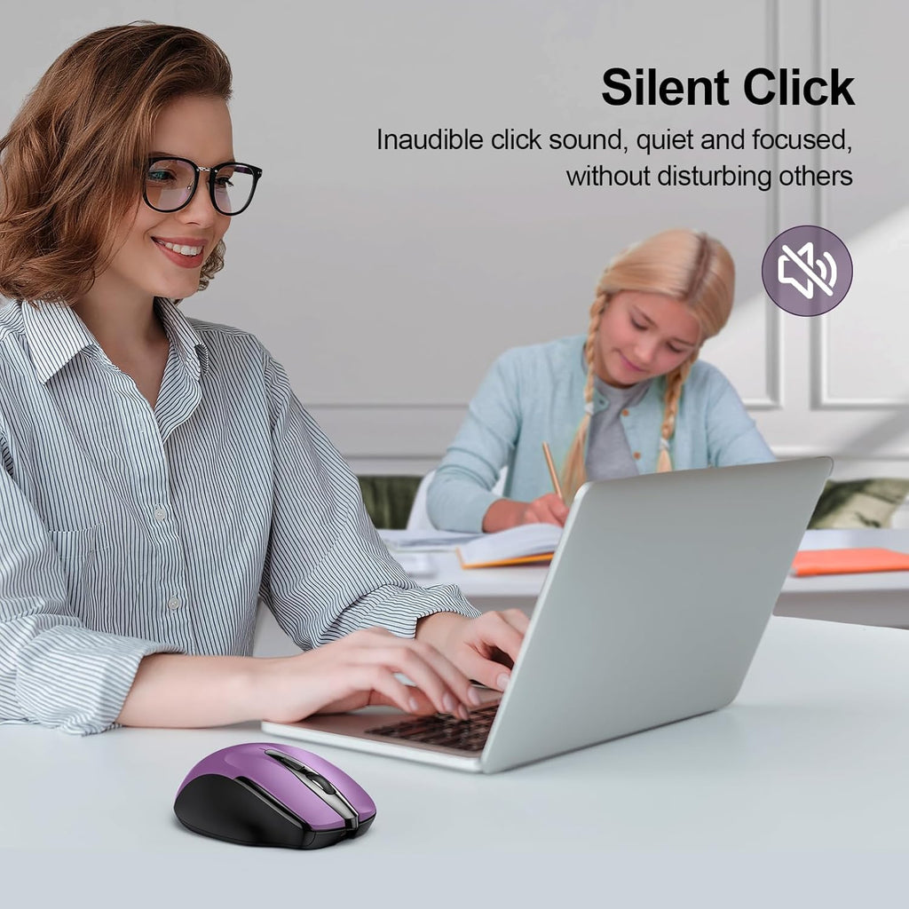 TECKNET Rechargeable Wireless Mouse,USB-A Silent Mouse, Quiet Click, 6 Adjustable 4800 DPI, Cordless Computer Mouse, Ergonomic Mouse for Laptop, 6 Buttons 2.4G Mouse for Chromebook, Ergo Grip - Purple