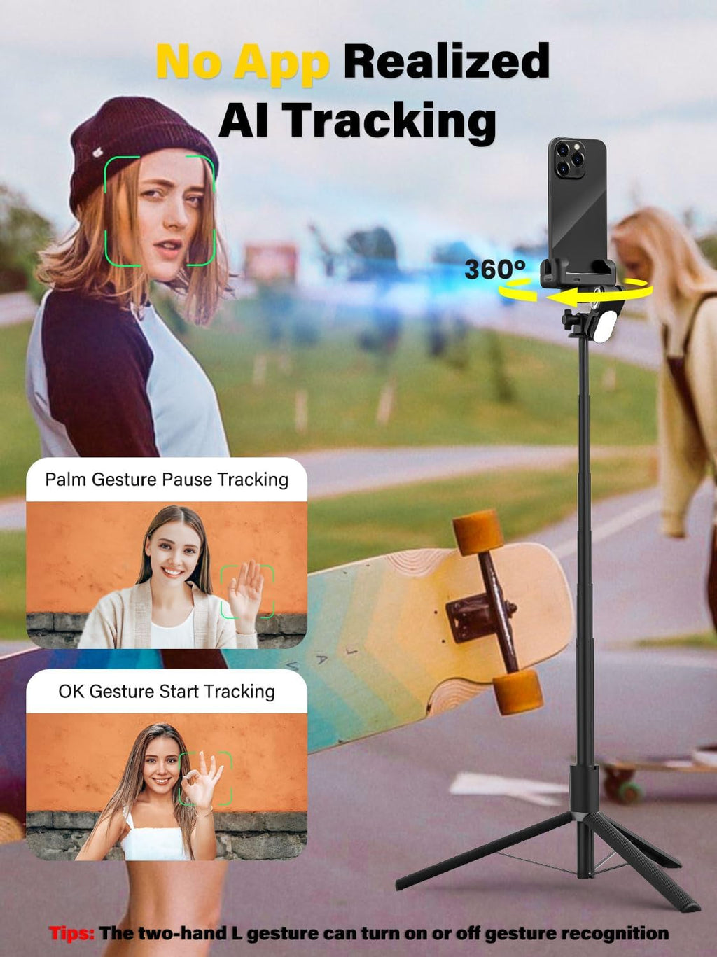 Gimbal Stabilizer for Smartphone,2-axis stabilizer Without APP face Tracking,4 in 1 Portable Phone Tripod,stabilizer for iPhone& Android,108CM Extension Rod,AOCHUAN M2PRO Black