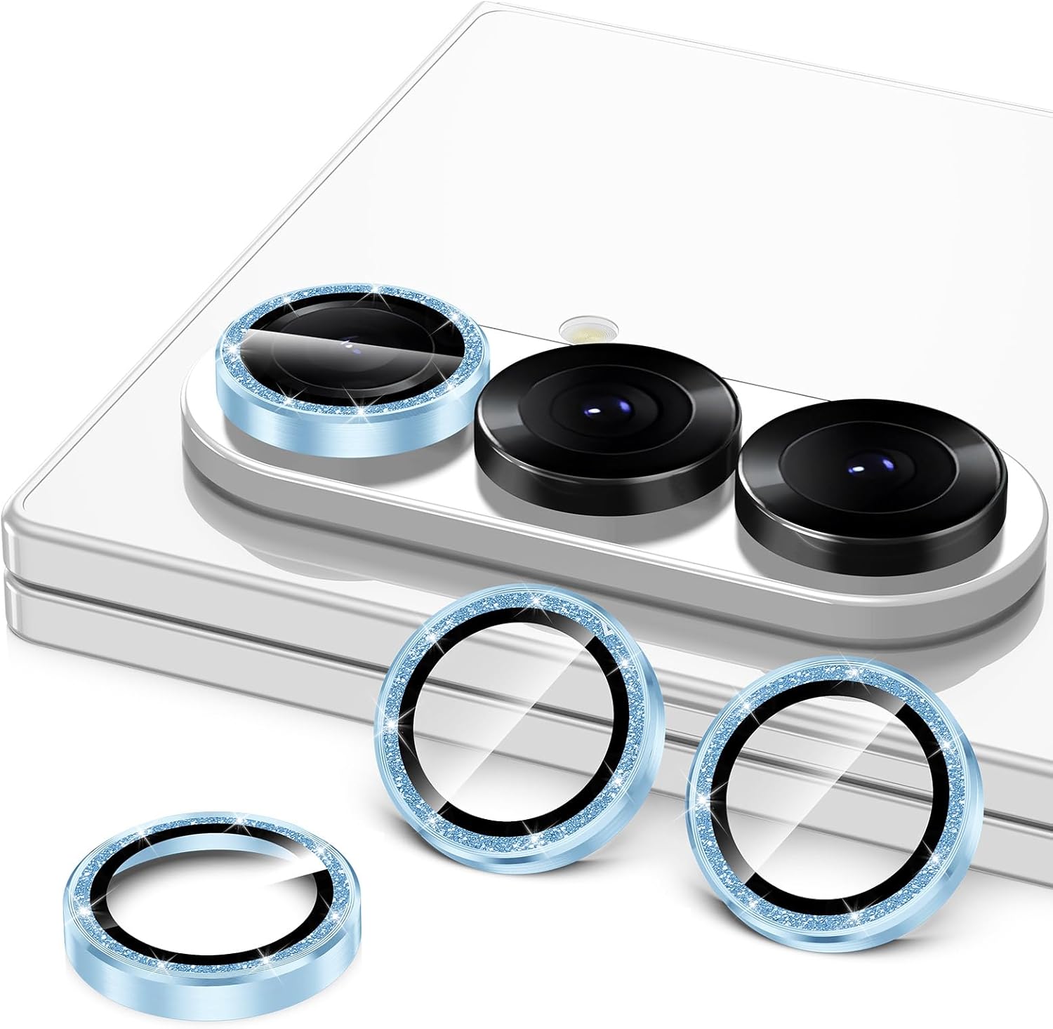 for Samsung Galaxy Z Fold 7 Camera Lens Protector, Individual Metal Ring Tempered Glass Lens Cover, [Strong Adsorption] Scratch Resistant Ultra-Thin HD Clear Lens Cover, 1 Set-Blue Sparkly