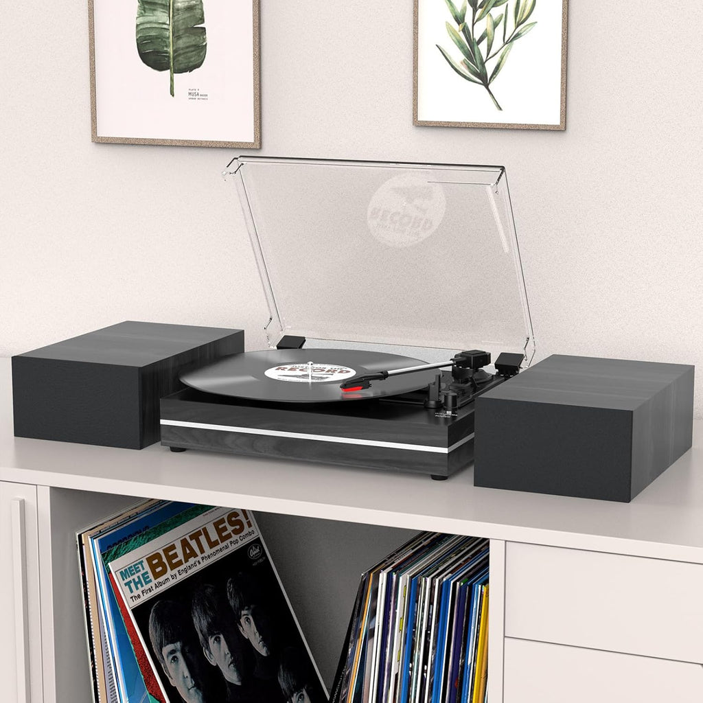 Vinyl Record Player with Dual Separate Stereo Speakers Vintage Turntable with BT Wireless Input Playback Belt Drive 3 Speed 3 Size Playback Record Player Support AUX Headphone Input RCA Out Auto Stop