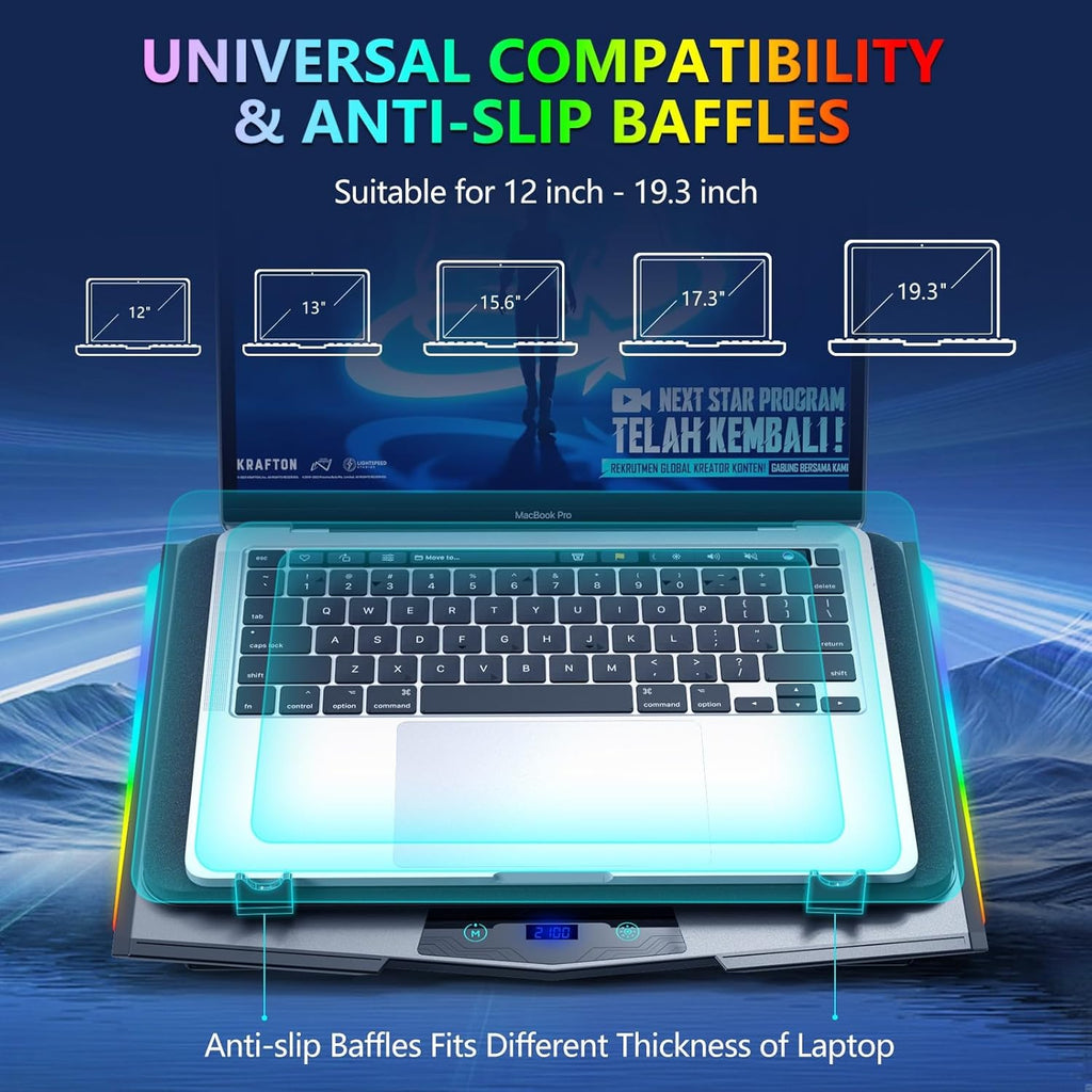 LIANGSTAR Gaming Laptop Cooling Pad, RGB Laptop Cooler with 3 Powerful Turbofans, 5 Height Adjustable Laptop Cooling Stand, 5 Fan Speed Touch Control, Seal Memory Foam for Cooling 12-19.3 inch Laptop