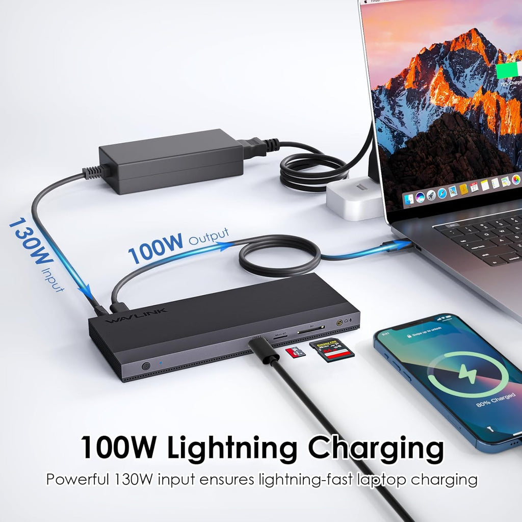 Laptop Docking Station, Docking Station 3 Monitors with 2* DP+HDMI, 130W PD Charger, 4* USB 3.0, Audio, Gigabit Ethernet, TF/SD for Lenovo,HP,Dell, Windows System Computer