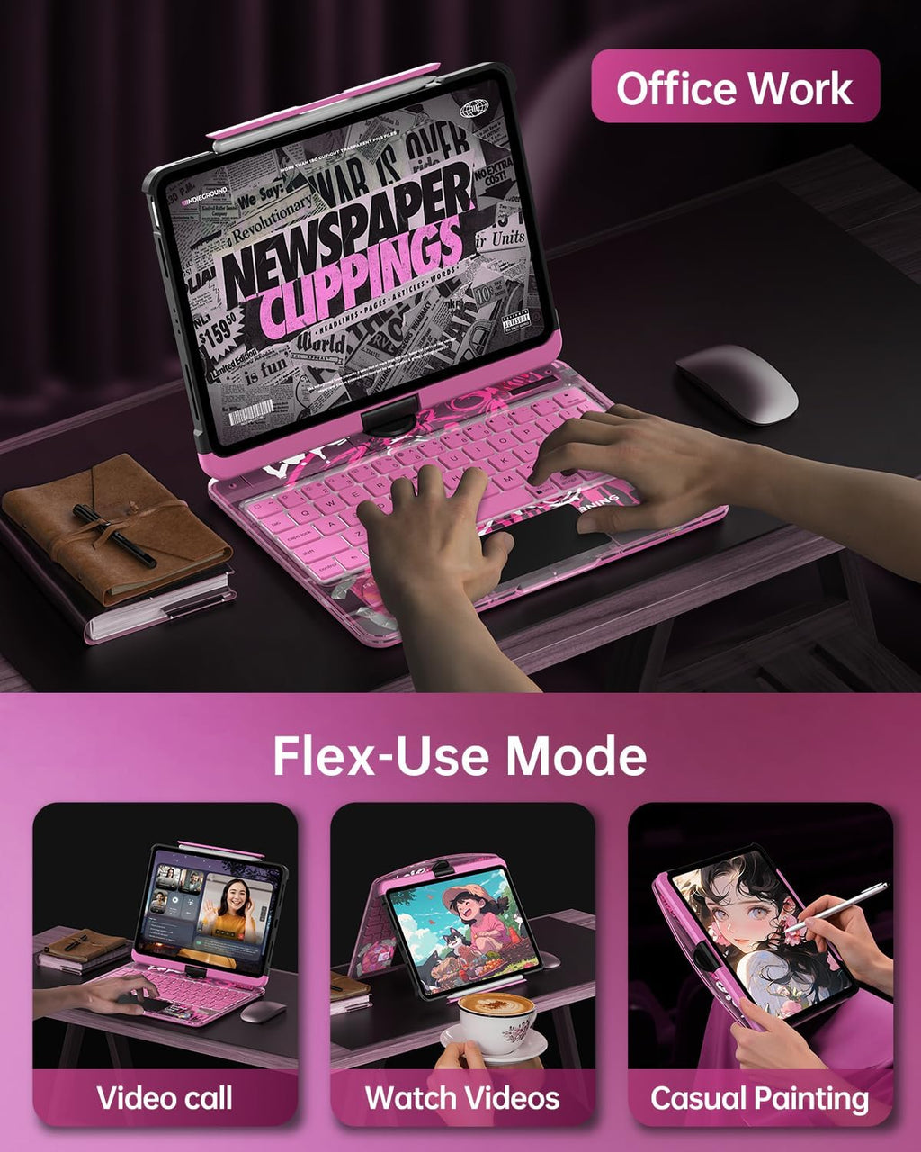 Intermerge for iPad 9th 10.2 inch Keyboard Case, 360° Transparent Multi-Touch Trackpad, 7-Color Backlit Keyboard, Pencil Holder, Type-C, Power Indicator for 9th/ 8th/ 7th - Blush Pulse