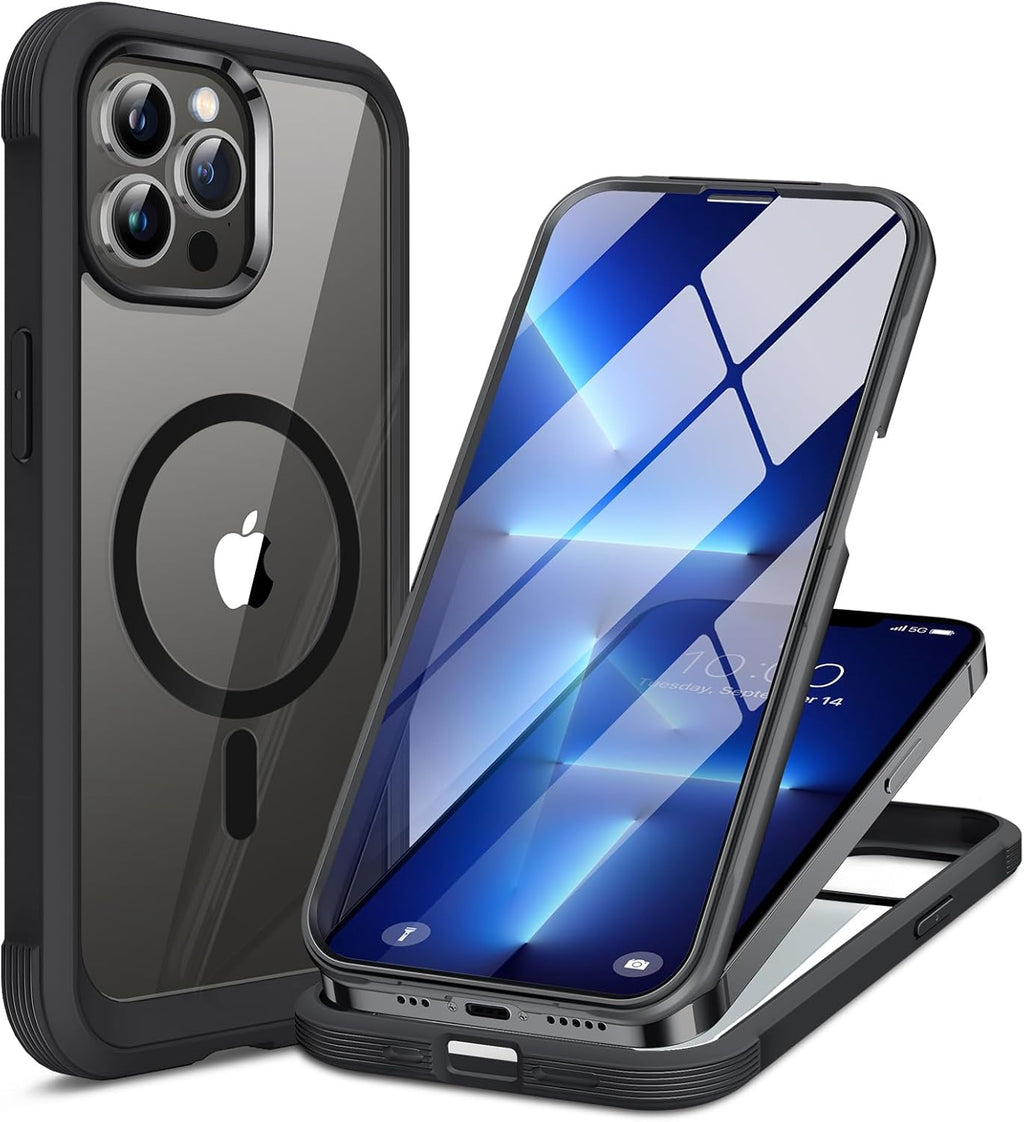 Miracase Magnetic for iPhone 13 Pro Max Case 6.7 inch, (Compatible with MagSafe) Upgrade Full-Body Clear Phone Bumper Case with Built-in 9H Tempered Glass Screen Protector, Magnetic Classic Black