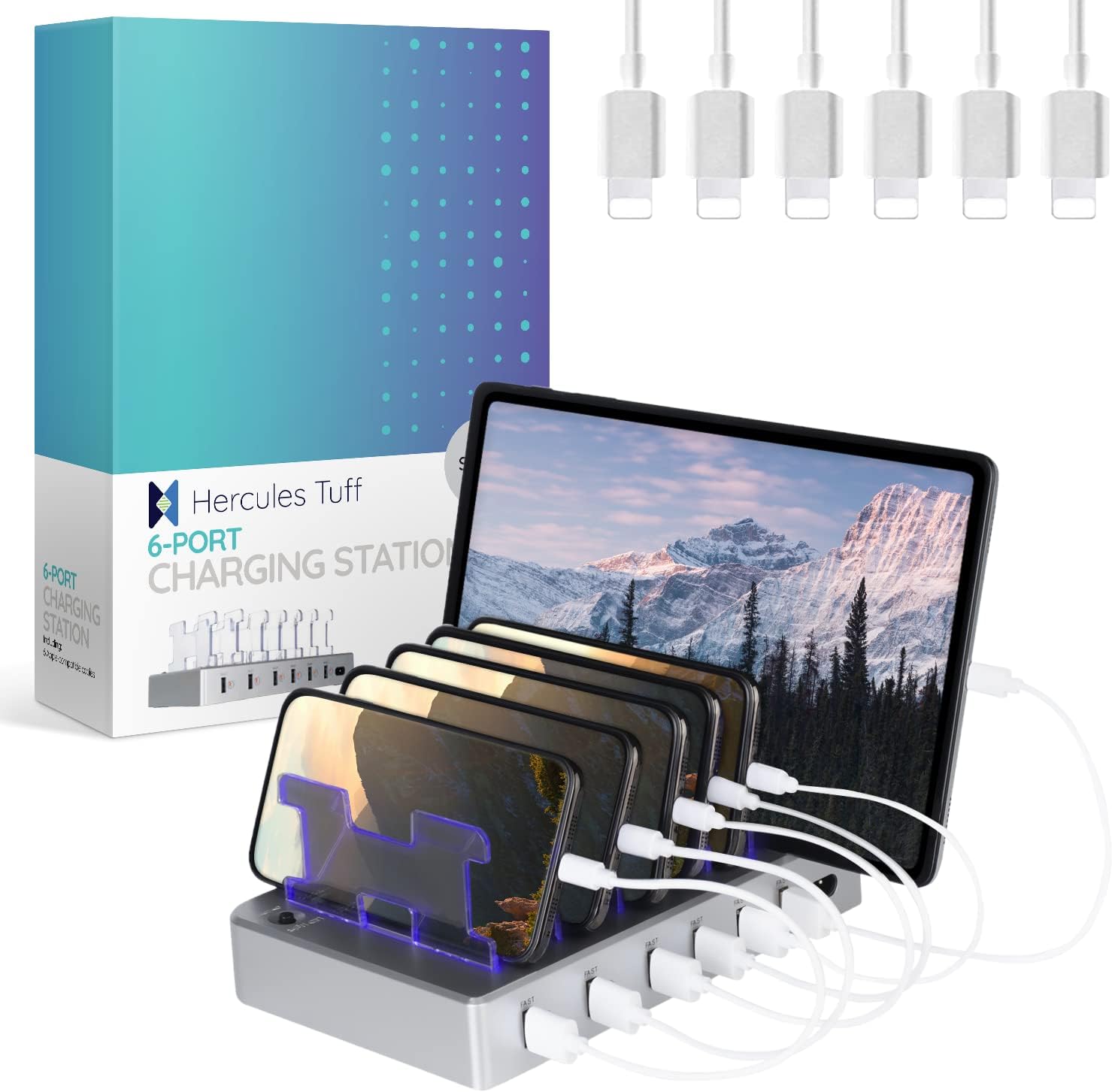Charging Station for Multiple Devices, with 6 USB Fast Ports, Compatible with Cell Phones, Smart Phones, Tablets, and Other Electronics (Silver)