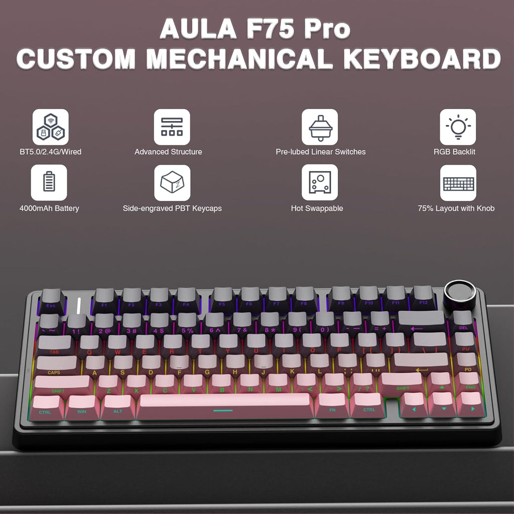 AULA F75 Pro Wireless Mechanical Keyboard,75% Hot Swappable Custom Keyboard,RGB Backlit,Pre-lubed Reaper Switches,Side Printed PBT Keycaps Mechanical Gaming Keyboards, Pink&Black