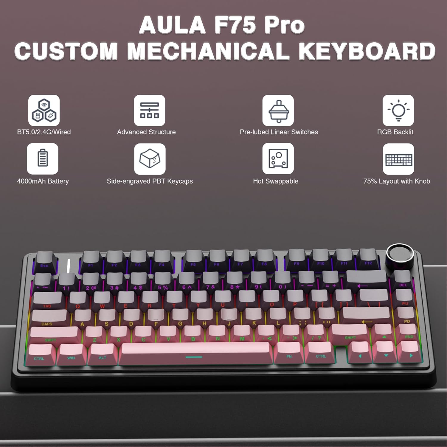 AULA F75 Pro Wireless Mechanical Keyboard,75% Hot Swappable Custom Keyboard,RGB Backlit,Pre-lubed Reaper Switches,Side Printed PBT Keycaps Mechanical Gaming Keyboards, Pink&Black