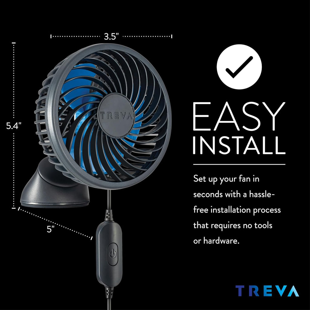 Treva 3.5 Inch USB Powered Fan with Suction Cup, 3 Speed Attachable Fan with Rotating Head for Car, Camping, Travel, Bedroom, Multi-Directional Rotating and Adjustable Head (Black)
