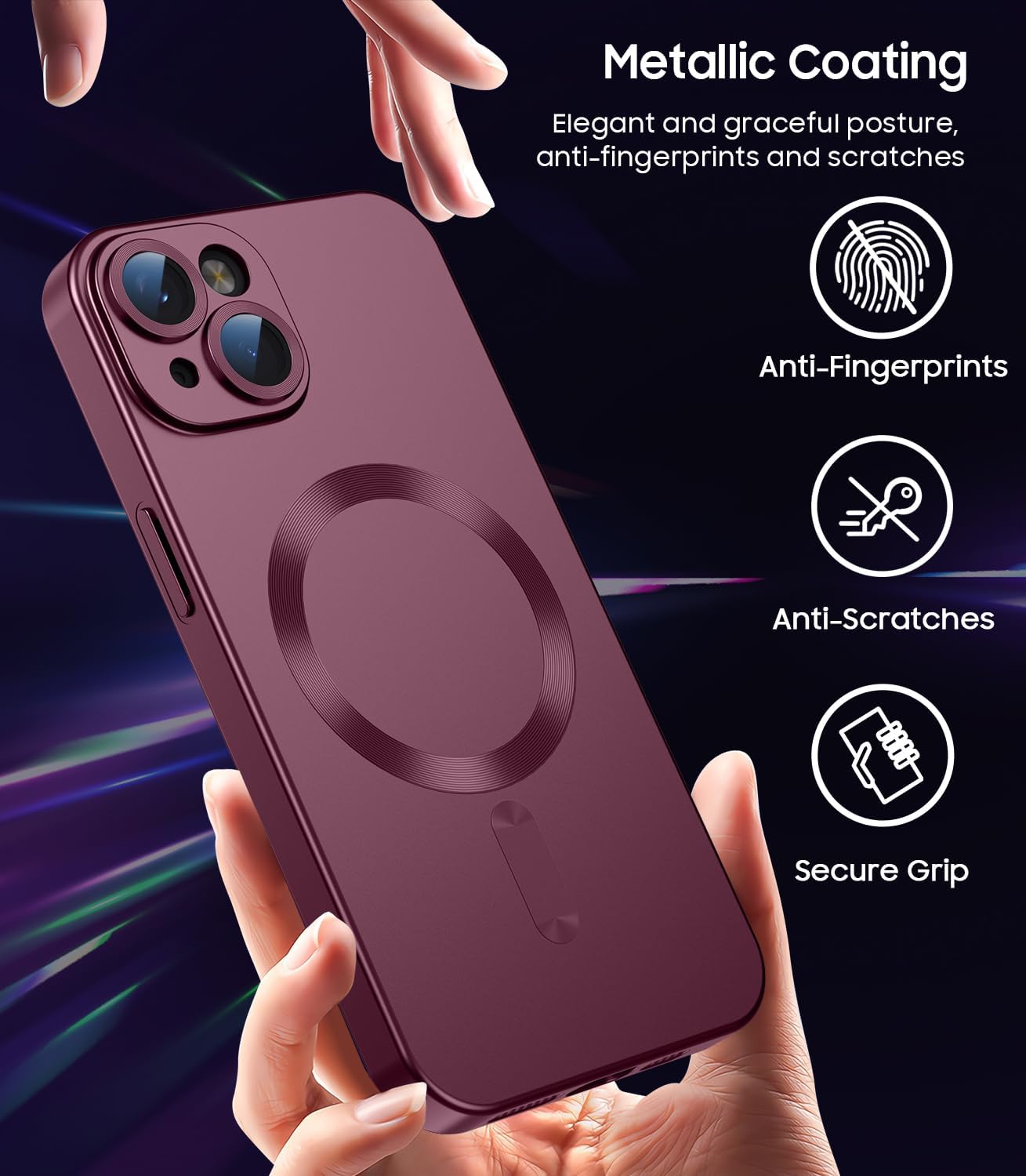 Magnetic for iPhone 14 Plus Case [Compatible with MagSafe][Built-in Camera Lens Protector] Slim Soft Silicone Bumper Shockproof Metallic Luster Phone Case (Burgundy)