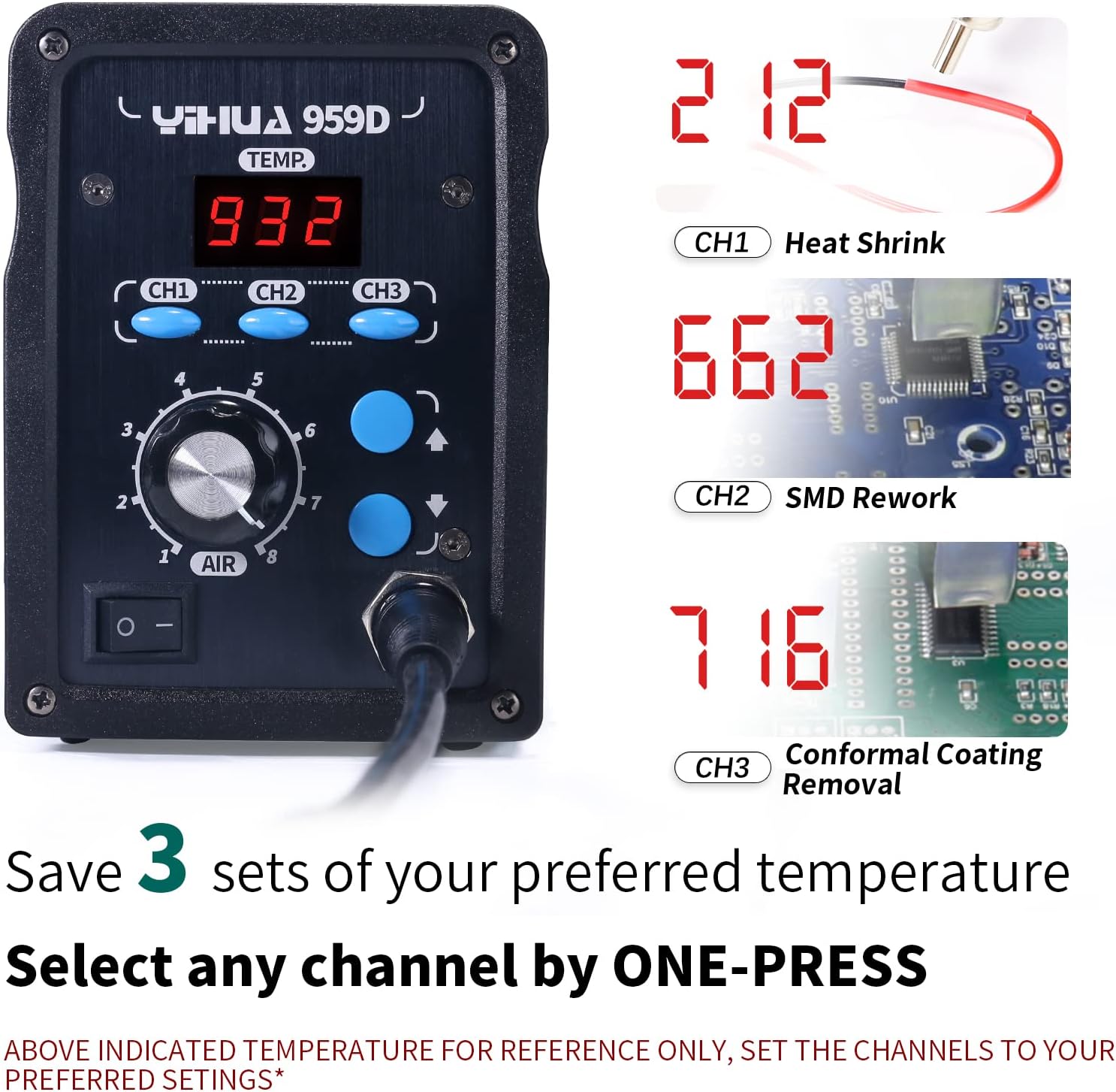 YIHUA 959D-Digital Hot Air Rework Station, High Power with 3 Memories, Airflow Efficiency, °F /°C Display, Accurate Temp.(212°F~932°F), Brushed Aluminum Panel & Safety Features