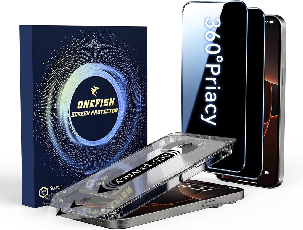 OneFish Screen Protector for iPhone 15Plus/16Plus Privacy, 4-Way 360° Anti-Spy Tempered Glass, 9H Hardness, HD Clear Anti-Fingerprint 3D Curved Edges, Case-Friendly & Easy Installation [2 Pack]