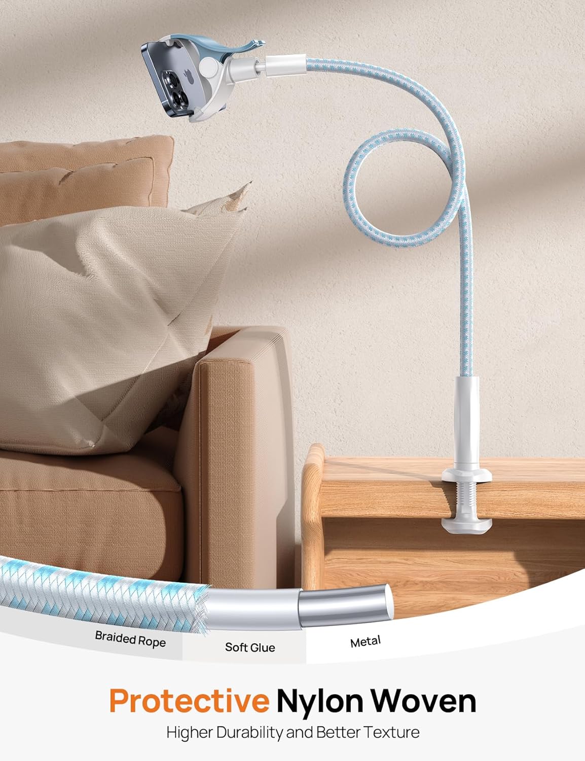 Gooseneck Phone Holder for Bed - [Upgrade Nylon Braid] 38” Flexible Lazy Arm Clip, 360 Adjustable Overhead Phone Mount for iPhone 16 15 14 13 12 11 Pro Max Mini Plus, 4-7" Cellphone - White