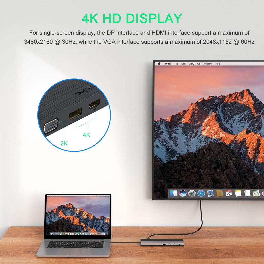 WAVLINK 12-in-1 USB C Docking Station, Triple Display Type C Hub Multiport Adapter with HDMI, DisplayPort, VGA, Ethernet, USB-C 100W PD3.0 Charging, USB3.0, USB2.0, SD/TF Card Reader, Audio- UMD03