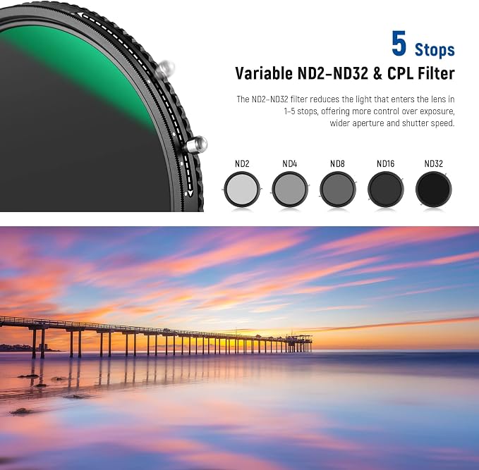 NEEWER 2 in 1 67mm Variable ND Filter ND2–ND32&CPL Filter No X Cross/30 Layer - Image 4