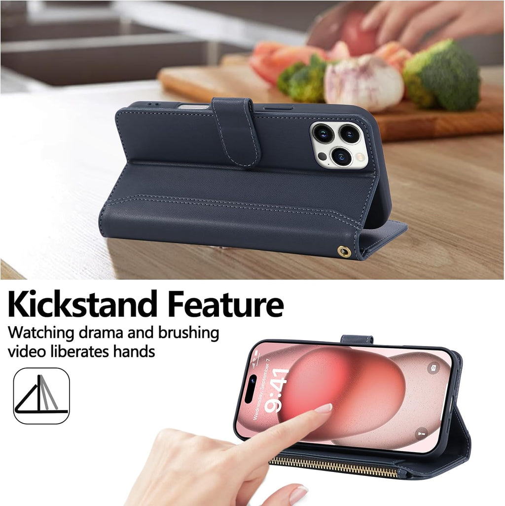 Compatible with iPhone 13 Pro Max Wallet Phone Case-PU Leather Magnetic Flip Cover with Credit Card Slots,Zipper Pocket & Detachable Wrist Strap,Shockproof Design,for Women and Men-Navy Blue