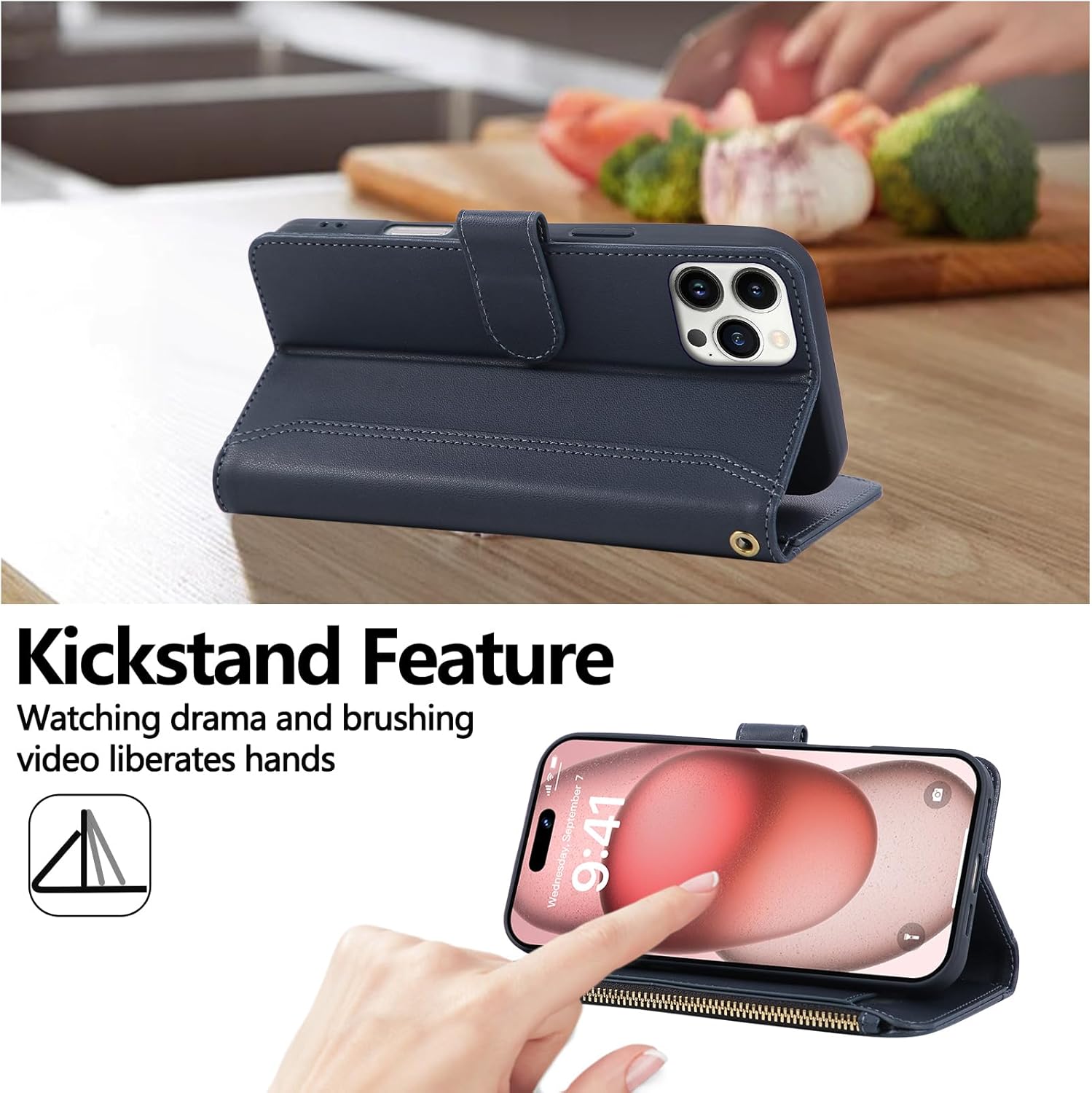 Compatible with iPhone 12 Pro Max Wallet Phone Case-PU Leather Magnetic Flip Cover with Credit Card Slots,Zipper Pocket & Detachable Wrist Strap,Shockproof Design,for Women and Men-Navy Blue