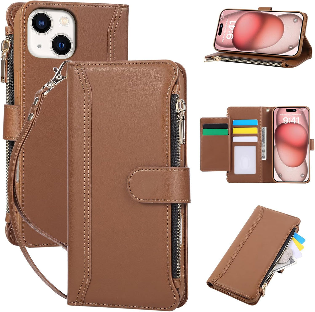 Compatible with iPhone 13/14 Wallet Phone Case-PU Leather Magnetic Flip Cover with Credit Card Slots,Zipper Pocket & Detachable Wrist Strap,Shockproof Design,for Women and Men-Brown