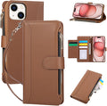 Compatible with iPhone 13/14 Wallet Phone Case-PU Leather Magnetic Flip Cover with Credit Card Slots,Zipper Pocket & Detachable Wrist Strap,Shockproof Design,for Women and Men-Brown