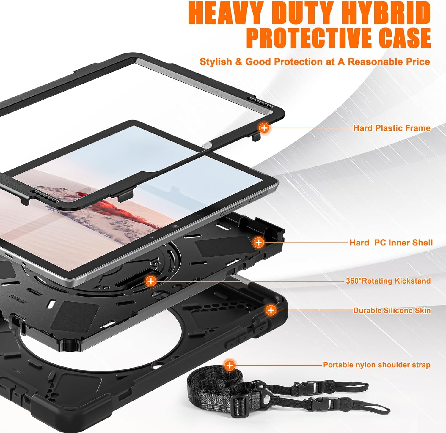 ZenRich Rugged Case for Surface Go 4 (2023)/Surface Go 3 (2021)/ Surface Go 2 (2020), Surface Go (2018) with Pen Holder Heavy Duty Shockproof Case with Stand Hand Strap and Shoulder Belt-Black