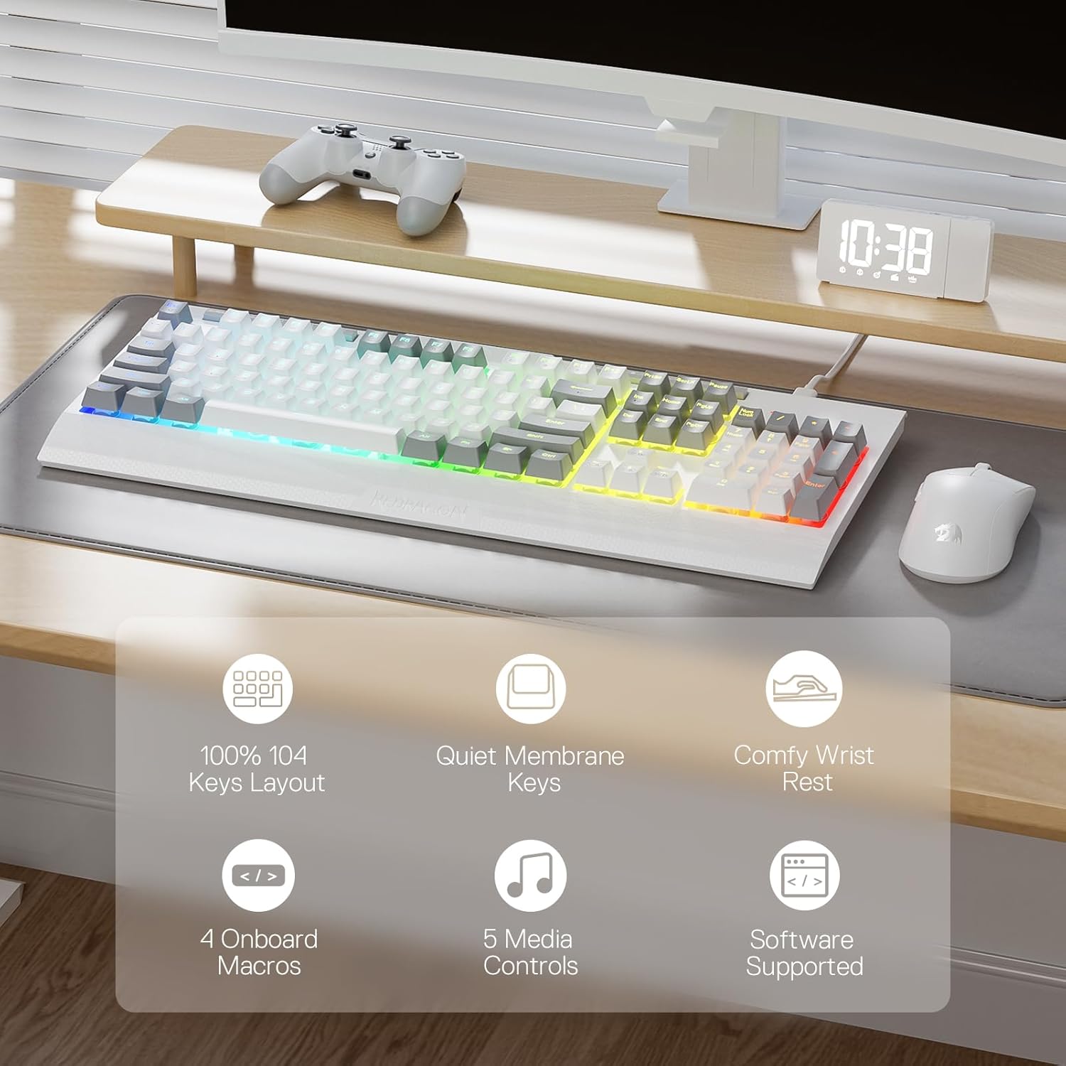 Redragon K525 RGB Backlit 104 Keys Wired Membrane Gaming Keyboard w/ 5 Multimedia Keys & 4 Extra On-Board Macro Keys, Dedicated Media Control, Ergonomic Wrist Rest, Linear Mechanical-Feel Switch