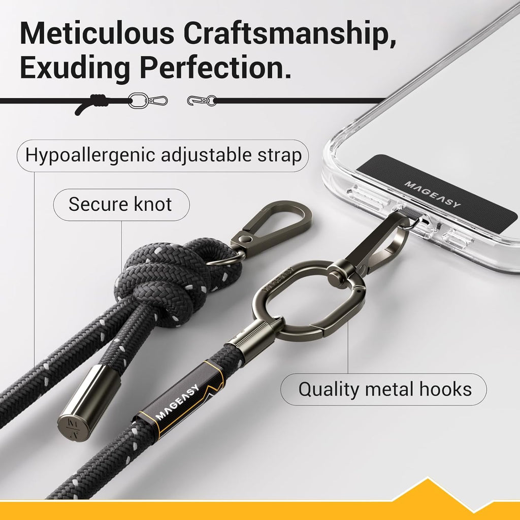 MAGEASY Universal Cell Phone Lanyard - Anti-Theft Thick Rope Crossbody Phone Strap for iPhone 16 Pro Max & Most Smartphones, for Men & Women | 8.3mm Reflect Black