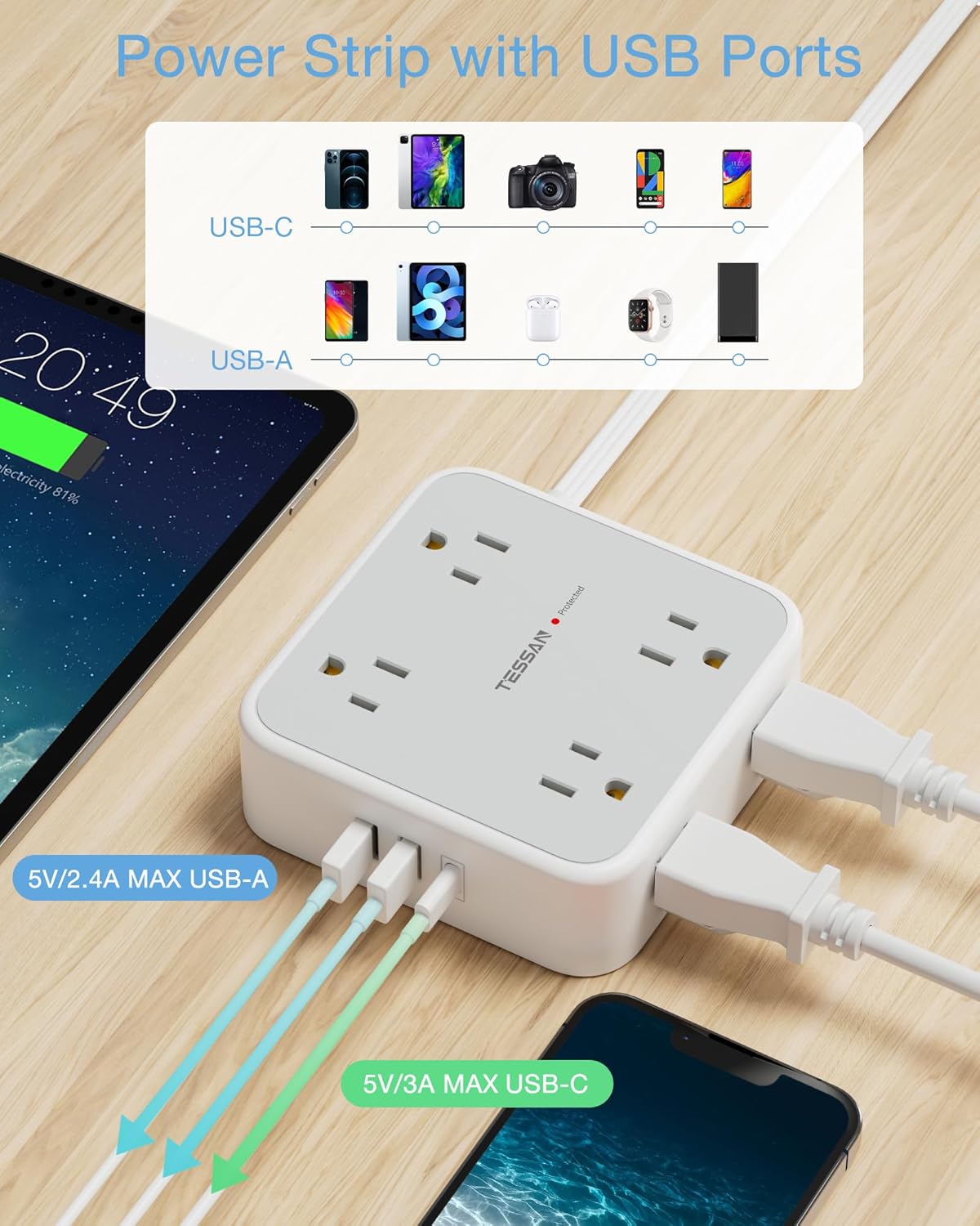 TESSAN Surge Protector Power Strip 15 Ft Cord, 8 Widely Spaced Outlets, 3 USB Charger(1 USB C Port), Ultra Thin Flat Plug Extension Cord 15 Feet, 900J Surge Protection for Home, Dorm Room Essentials