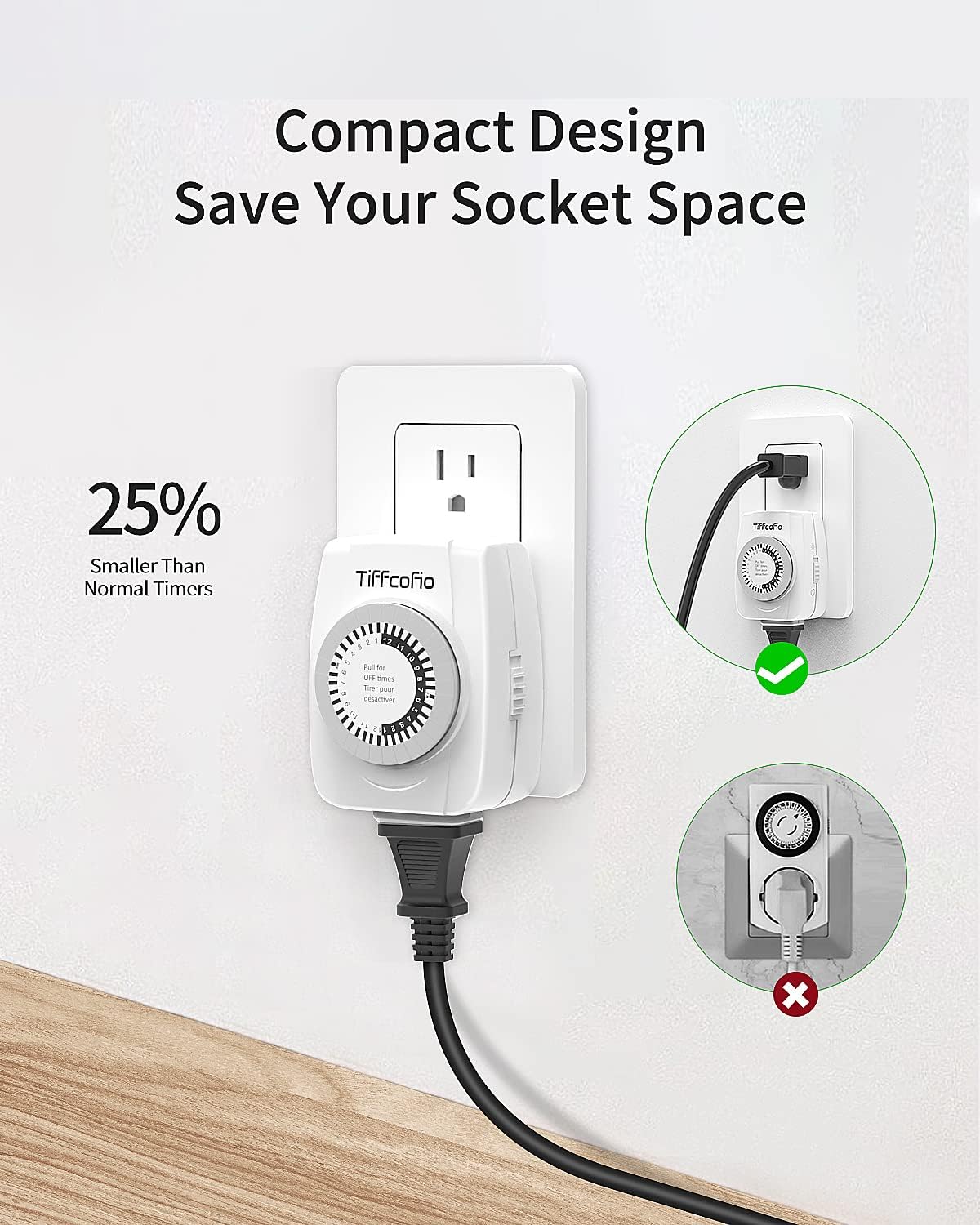 TiFFCOFiO Indoor Mechanical Outlet Timer, 3 Prong Timers for Electrical Outlets, 24-Hour Programmable Plug in Light Timer, ETL Listed (1 Pack)