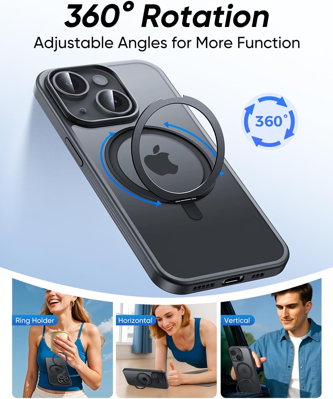 MAGIC JOHN 360° Rotatable Magnetic Invisible Stand for iPhone 14/iPhone 13 Case [Anti-Slip Grip] [Compatible with MagSafe] 16FT Shockof for iPhone 14/13 Case with Kickstand, Black