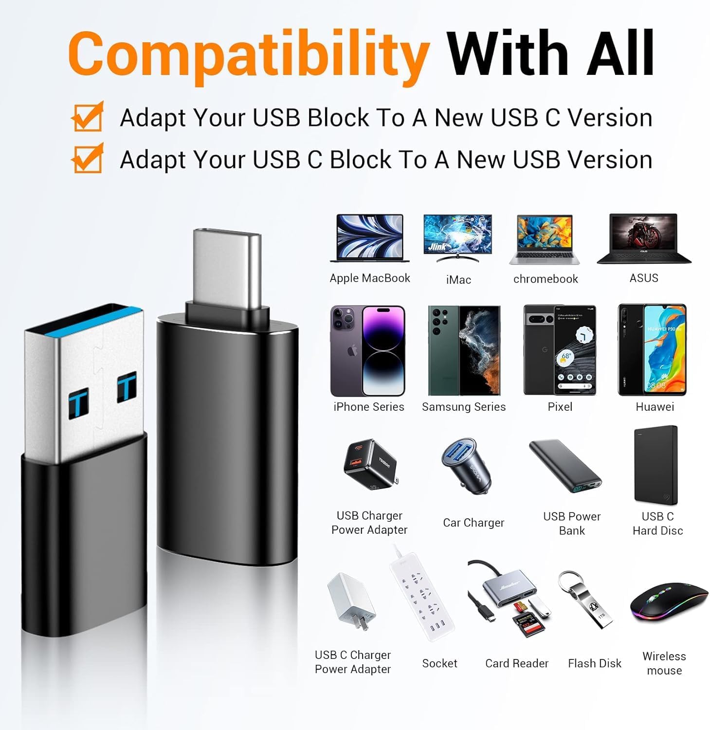 Temdan USB to USB C Adapter,Car Charger OTG Converter Compatible with MacBook Pro Air 2024,Samsung Notebook and More Type C,for iPhone 17 16 15 Air Plus Pro Max,OTG Adapters-Black