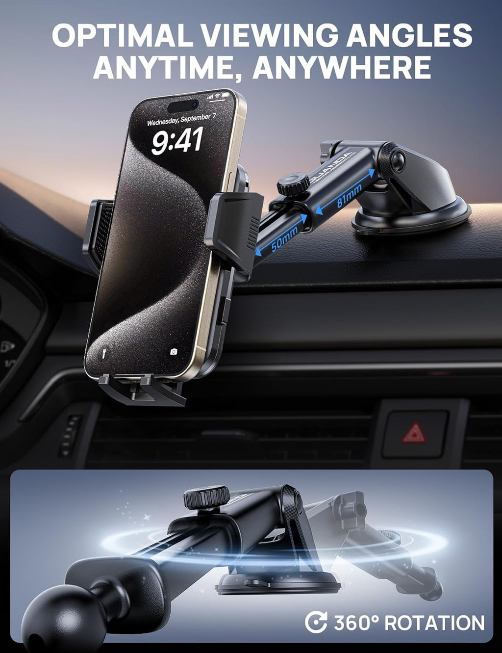[2025 New] Dashboard Phone Holders for Your Car (+Air Vent Clip) [Military Grade Stable] , Car Cell Phone Holder, Rotatable Suction Cup Car Phone Mount for All Phone (Light Grey)