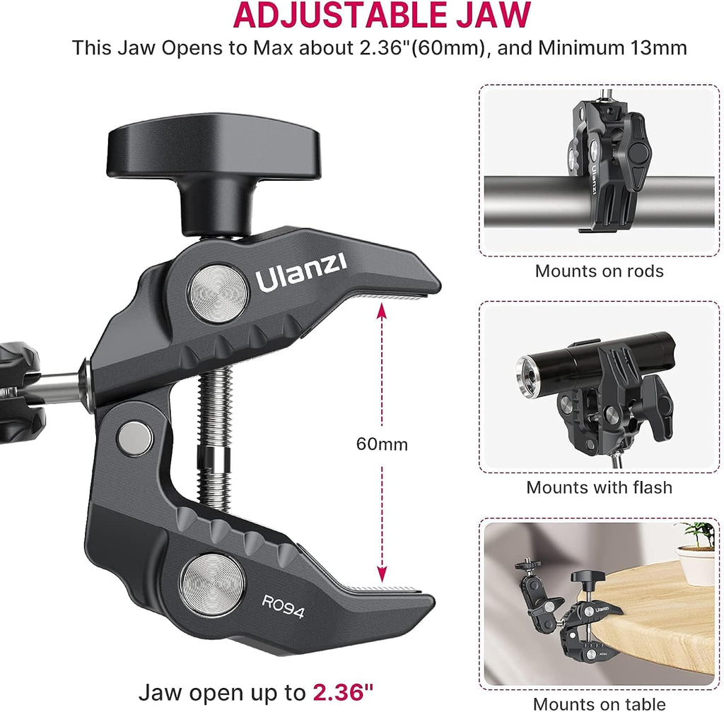 ULANZI Super Clamp Camera Clamp Mount Monitor 360° Ballhead Magic Arm Double Ball Head Adapter with 1/4"-20 & 3/8"-16 Thread for Canon Nikon DSLR Camera/Gopro/LED Lights/Ronin-M/Ronin MX/Freefly MOVI
