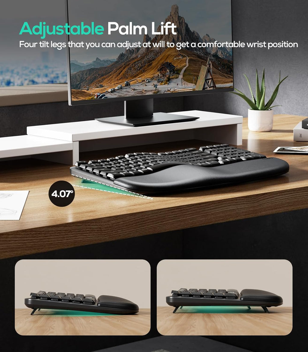 Nulea RT08 Wave Keys Wireless Ergonomic Keyboard with Cushioned Palm Rest, 2.4GHz Ergo Cordless USB Computer Keyboard, Comfortable Natural Typing, for Laptop, Mac, Windows Black