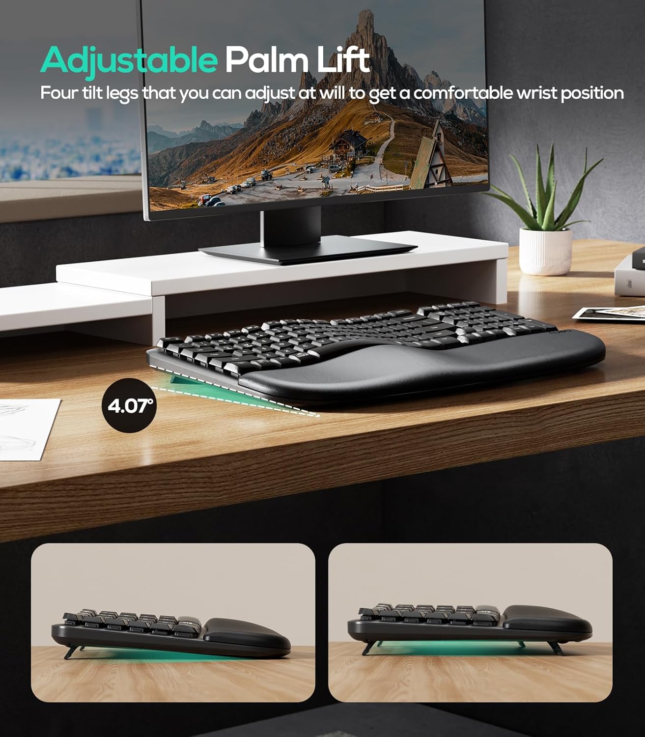 Nulea RT08 Wave Keys Wireless Ergonomic Keyboard with Cushioned Palm Rest, 2.4GHz Ergo Cordless USB Computer Keyboard, Comfortable Natural Typing, for Laptop, Mac, Windows Black