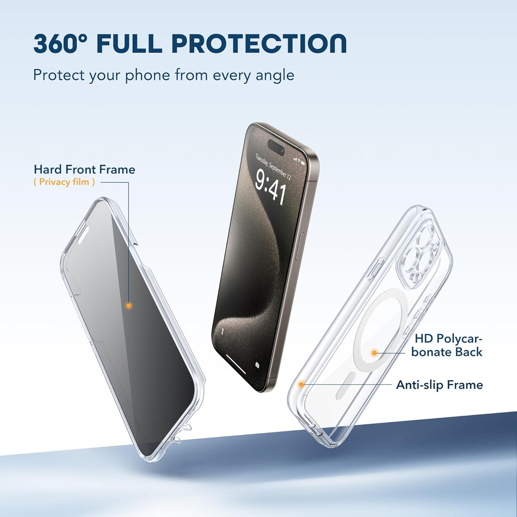 Magnetic for iPhone 15 Pro Case, Compatible with MagSafe, Built-in Privacy Screen Protector and Camera Protection, Anti Spy Full Body Dustproof Shockproof Hard Phone Case 6.1", Clear