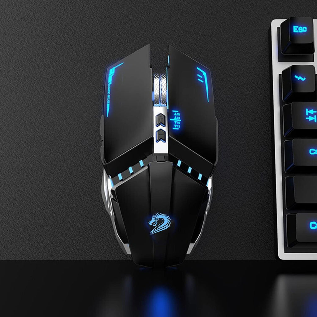 TENMOS T12 Wireless Gaming Mouse Rechargeable, 2.4G Silent Optical Wireless Computer Mice with Changeable LED Light for Laptop PC, 7 Buttons (Black)