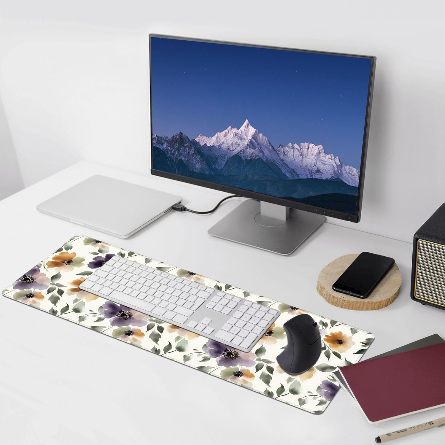 Watercolor Floral Large Mouse Pad,Gaming Keyboard Desk Pad,Extended Mouse Mat Non-Slip Rubber Base with Stitched Edges for Office Game Home XL 31.5"x11.8"