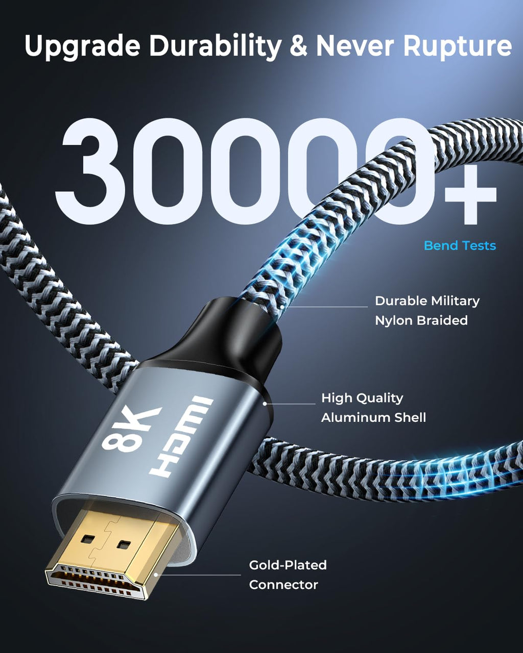 8K HDMI Cable 10 ft, 48Gbps High Speed HDMI 2.1 Cable, Braided HDMI Cable 2.1 8K 60Hz 4K 120Hz Support for HDR eARC HDCP 2.2/2.3, HDMI Cord Compatible with HDTV, Laptop, Monitor, PC