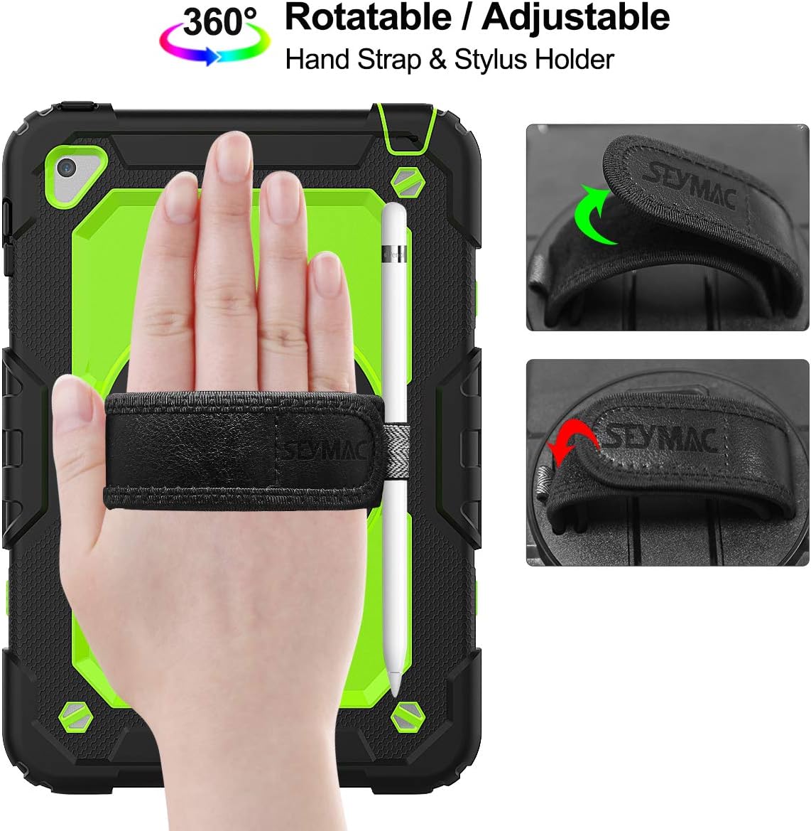 SEYMAC stock Case for iPad mini 5/4 with Screen Protector Pencil Holder [360 Rotating Hand Strap] & Stand, Drop-Proof Case for iPad mini 5th/4th Generation 7.9 inch (Green+Black)
