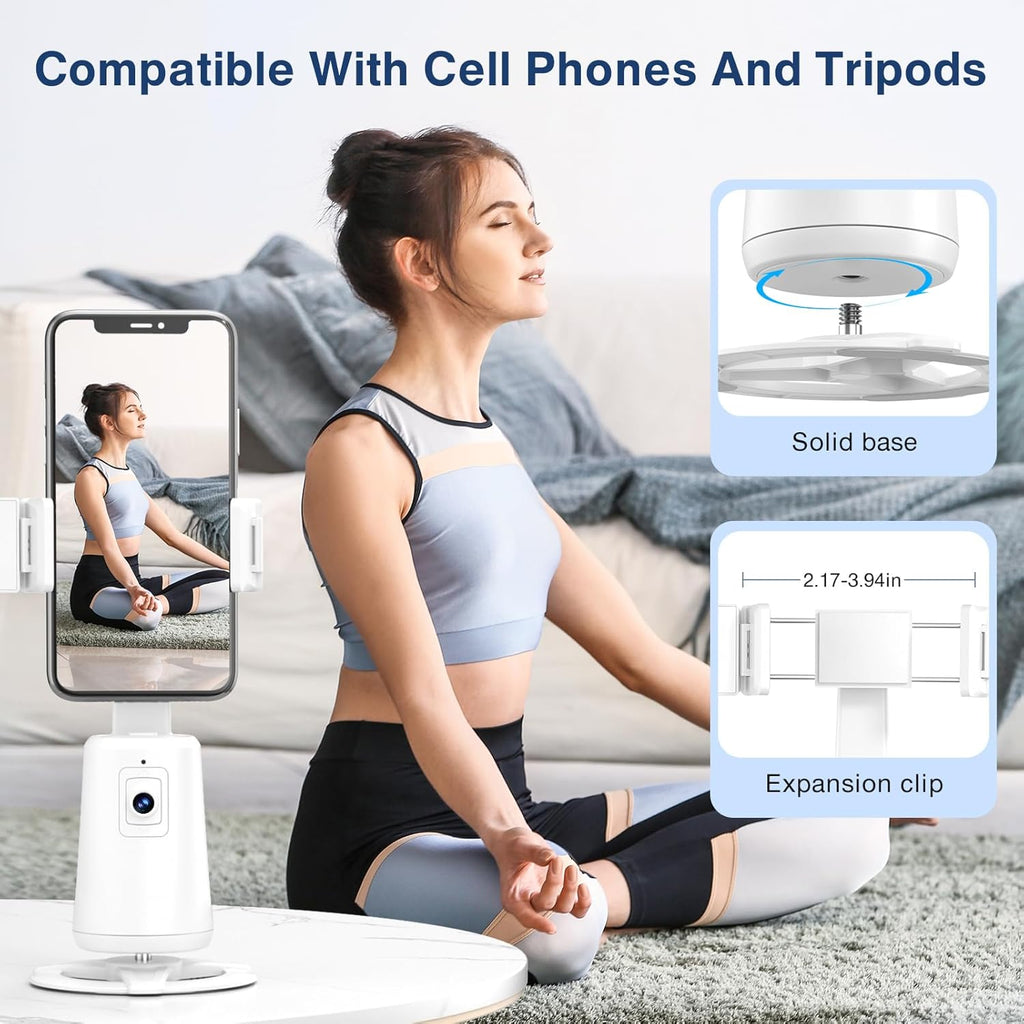 Auto Face Tracking Tripod 360° Rotating Cell Phone Photo and Video Kits Stand, No App, Camera Stand with Remote and Gesture Control, Rechargeable Smart Shooting Stand for Live Recording Tiktok (White)