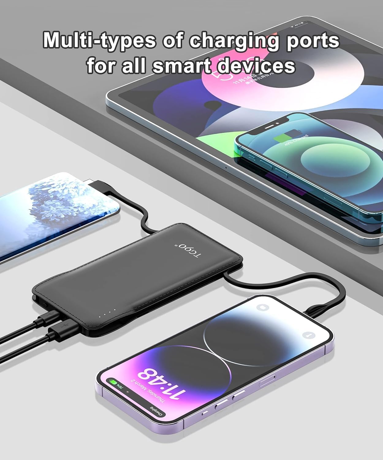 TG90° 2 Pack Slim Portable Charger with Built in Cables,10000mAh Power Bank Travel Charger Cell Phone External Battery Pack,4 Output Portable Bank Compatible with iPhone Android Phone