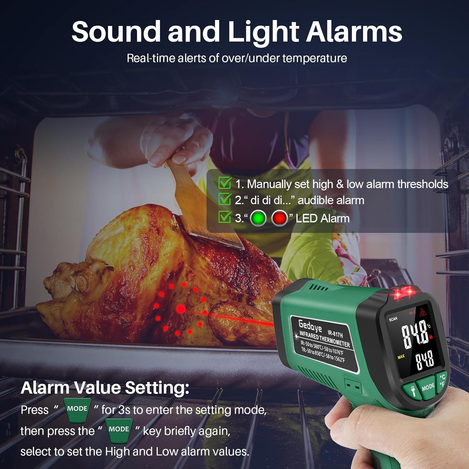 Infrared Thermometer for Cooking, Gedaye Surface Laser Temperature Gun with Laser Pointer 13:1, Metal Probe, Adjustable Emissivity, -58℉ to 1562℉, Thermal Thermometer Gun for Pizza Oven Engine HVAC