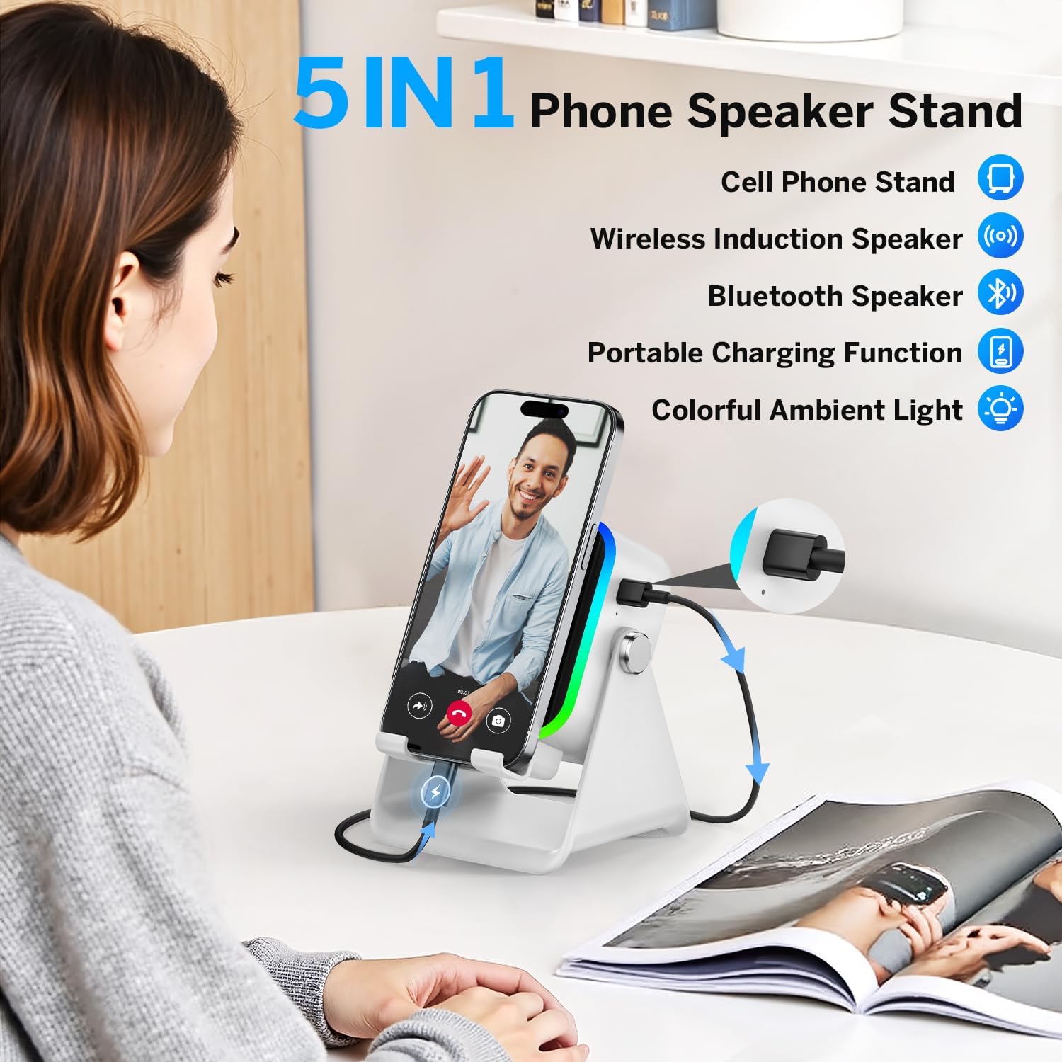 Wireless Induction Speaker 5-in-1 Bluetooth Speaker with Phone Stand,Stereo Sound, 3500mAh Rechargeable, 8 RGB Ambient Light, 360° Adjustable Holder for iPhone/Android/iPad,Gifts for Men Women (White)