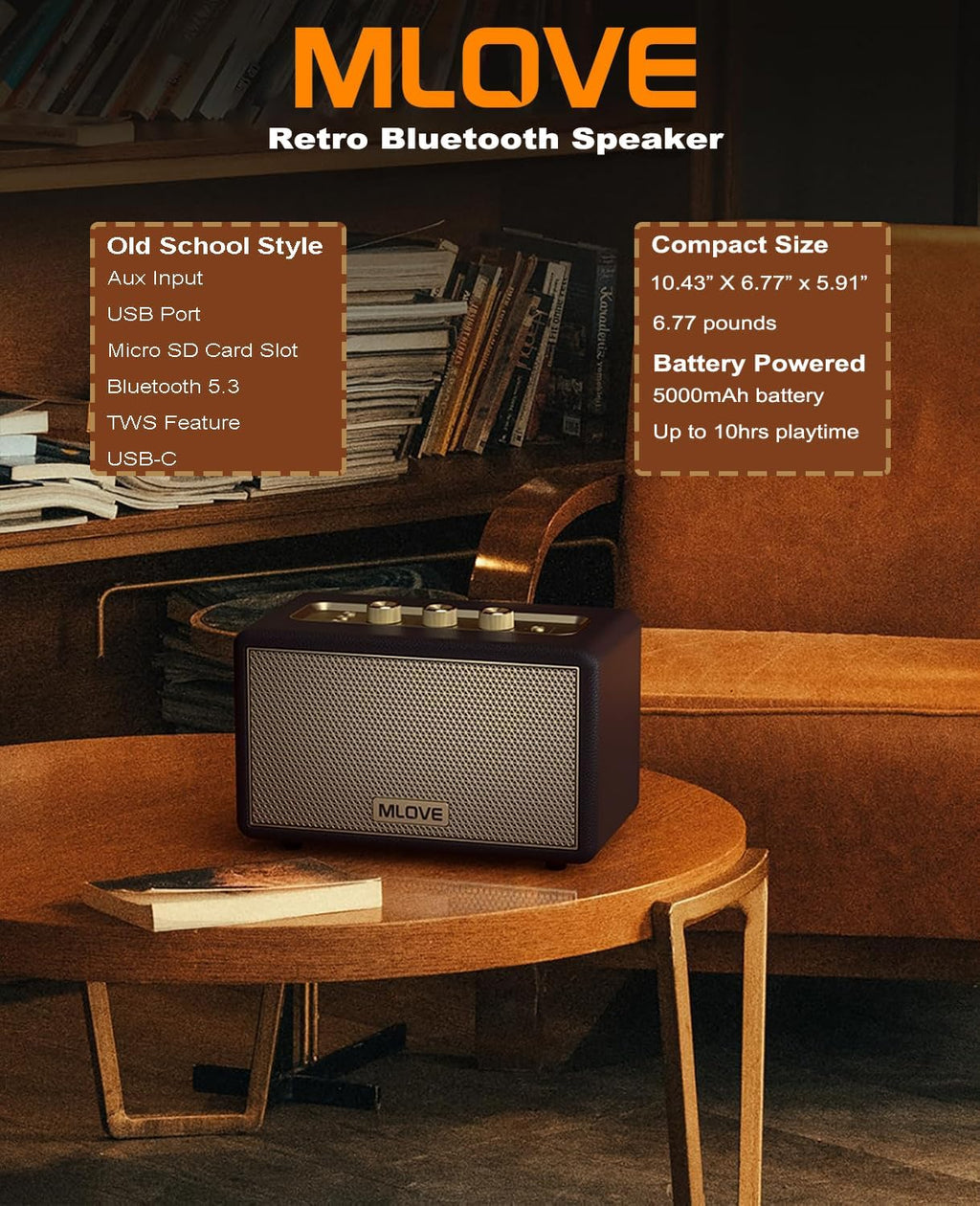 MLOVE A200 Portable Retro Bluetooth Speaker with Aux Input, USB Port, Micro SD Card Slot - Decorative Wireless Bookshelf Speakers Battery Powered, House Warming Gifts for New Home, Black and Gold