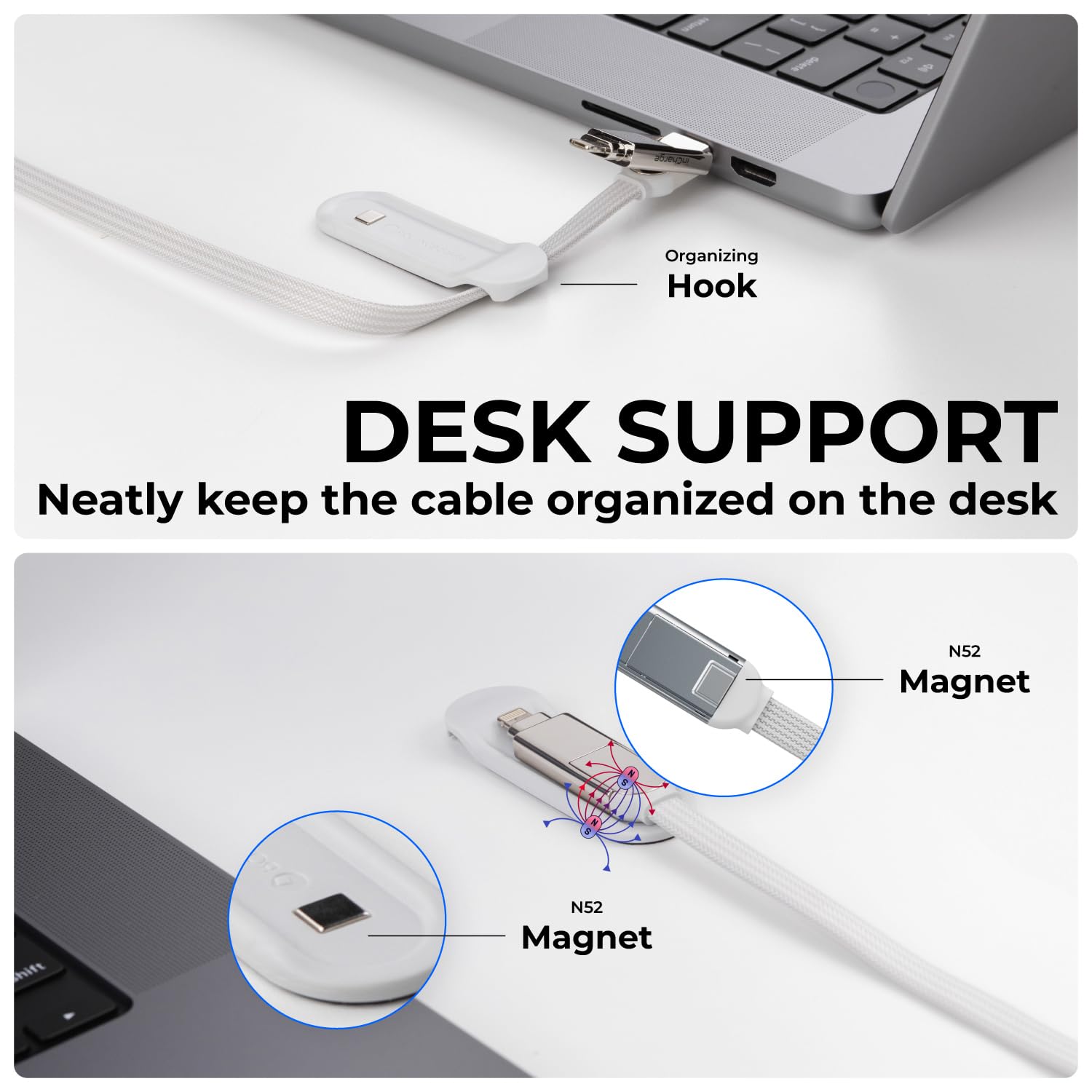 Rolling Square inCharge XL 6-in-1 Multi Charging Cable, Portable USB and USB-C Cable with 100W Ultra-Fast Charging Power, 10 Ft/3m, Glacier White