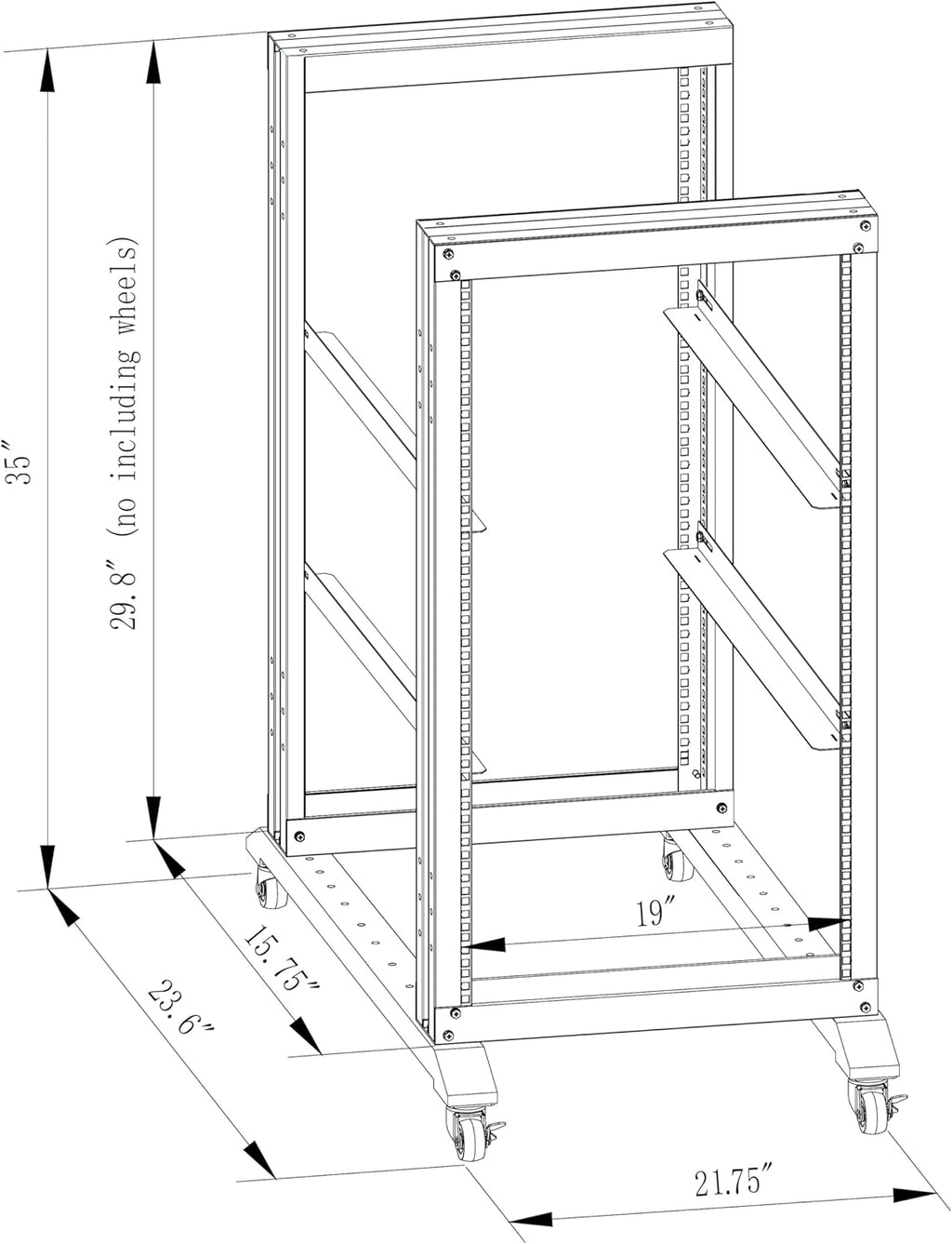 15U Server Rack/4-Post 19in Network Rack/Open Frame Rack with Wheels, Heavy-Duty Frame Cabinet/Adjustable Depth 15.75-13.75in GLOBALRACK(4POST-600-15U)